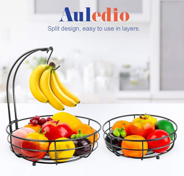 Auledio 2-Tier Fruit Basket with Banana Hanger – Black Countertop Organizer