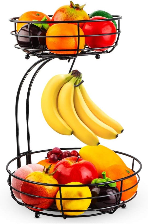 Auledio 2-Tier Fruit Basket with Banana Hanger – Black Countertop Organizer