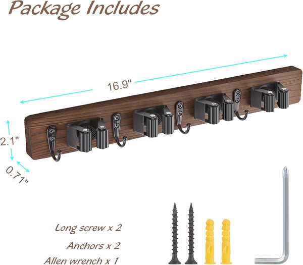 Rustic Wood Mop & Broom Holder – Wall Mount Organizer with 4 Slots & 4 Hooks