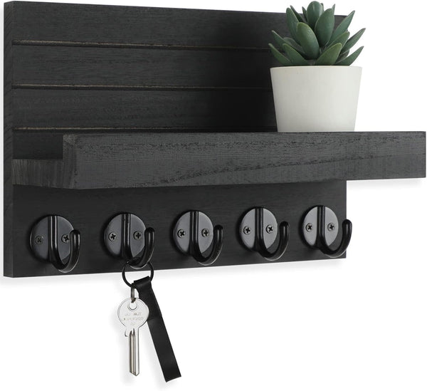 Wall-Mounted Key Holder with Shelf – Decorative Wood Organizer with Hooks