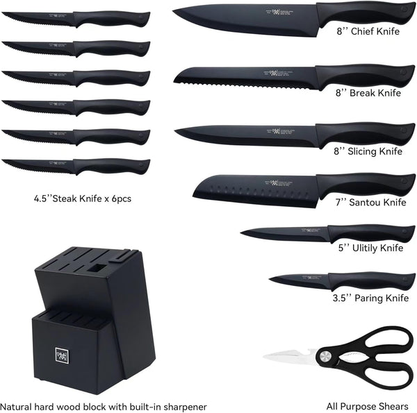 HUNTER.DUAL 15-Piece Kitchen Knife Set with Self-Sharpening Block – Dishwasher Safe