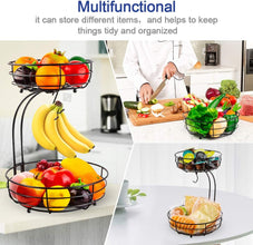 Auledio 2-Tier Fruit Basket with Banana Hanger – Black Countertop Organizer