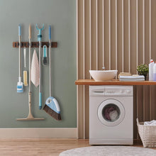 Rustic Wood Mop & Broom Holder – Wall Mount Organizer with 4 Slots & 4 Hooks