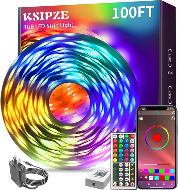 KSIPZE 100ft RGB LED Strip Lights – Music Sync & Bluetooth App Control
