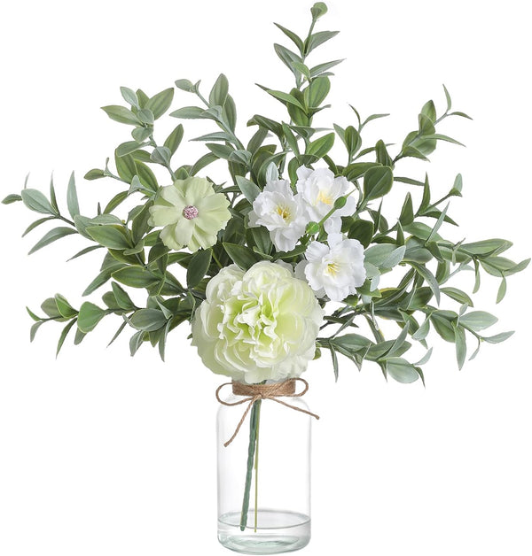 Artificial Eucalyptus in Glass Vase – Faux Water & Jute Rope, 13.7" Tall