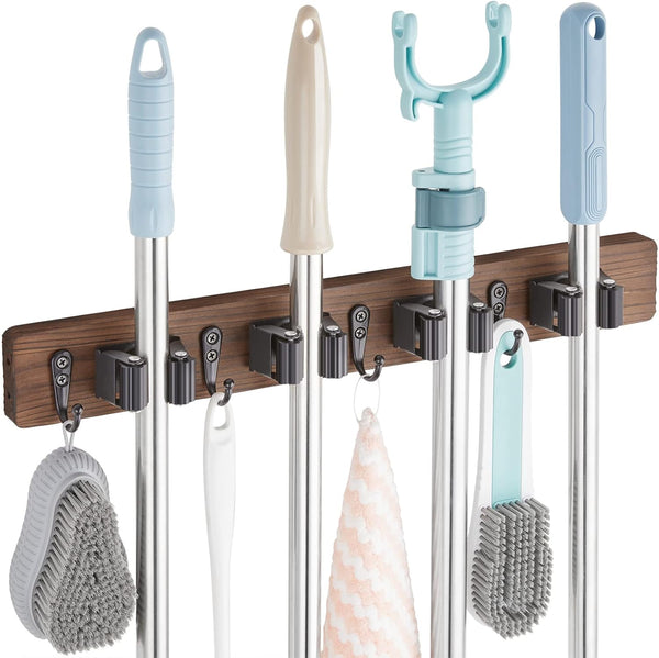 Rustic Wood Mop & Broom Holder – Wall Mount Organizer with 4 Slots & 4 Hooks