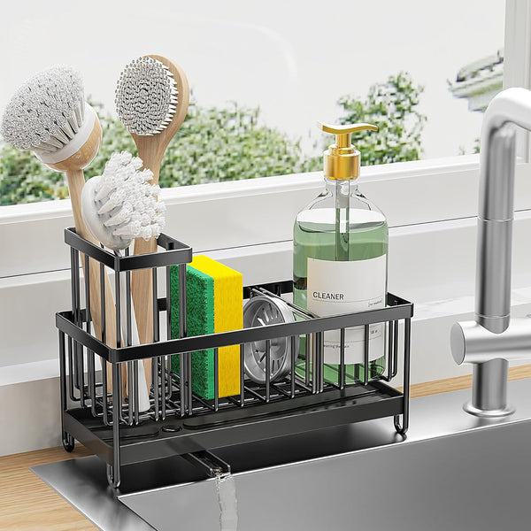 Cisily 304 Stainless Steel Sink Organizer – Sponge & Soap Holder (Black)