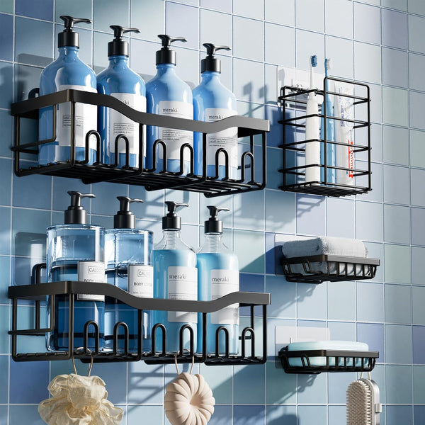 5-Pack Stainless Steel Shower Caddy Set – No-Drill Adhesive Bathroom Organizer